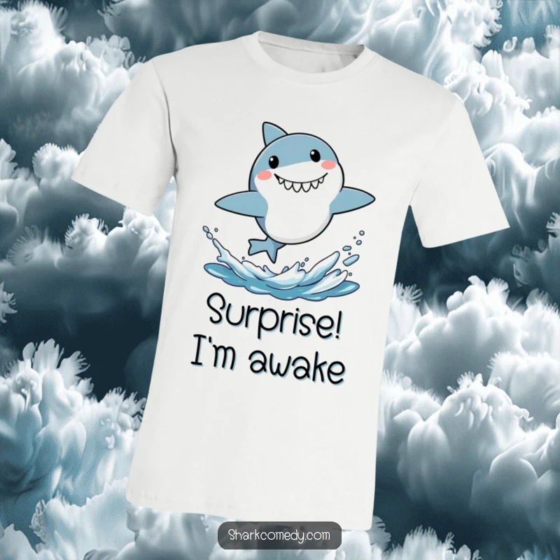 Funny t-shirt design of a small shark leaping energetically from the water, sporting a hilarious surprised grin.
