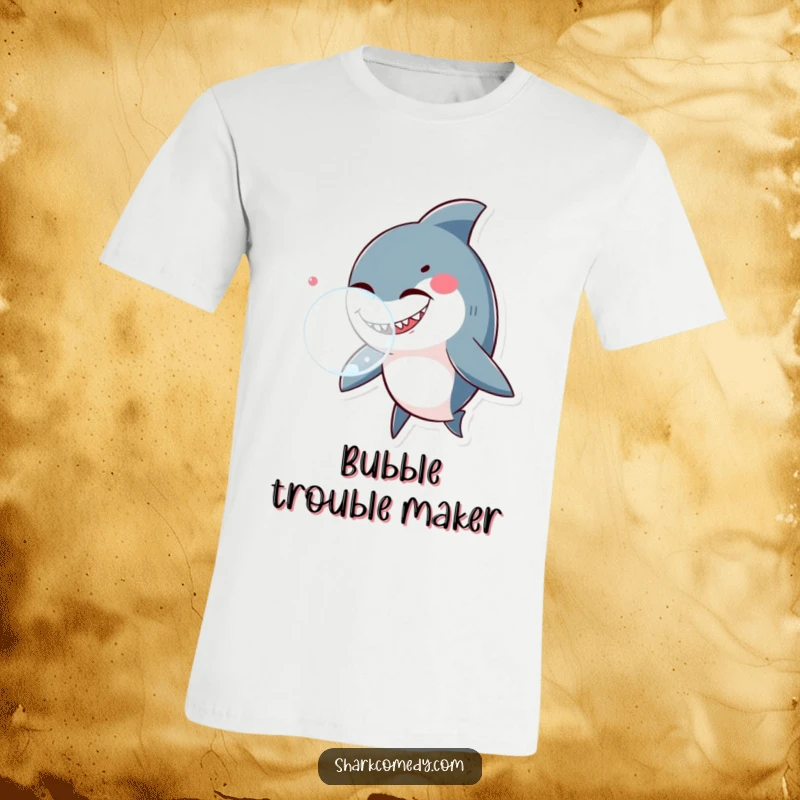 Funny shark winking and blowing a large bubble, printed on a t-shirt, celebrating playful underwater antics.