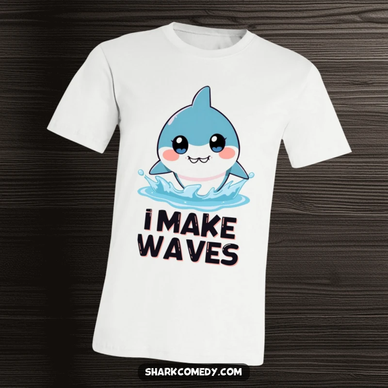 Funny kawaii shark with massive, captivating eyes, poised to create a huge water splash, printed on a soft t-shirt for a humorous look.
