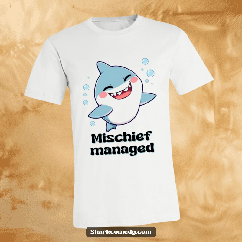 Funny t-shirt featuring an adorable, kawaii shark giving a mischievous wink while playfully pursuing floating bubbles.