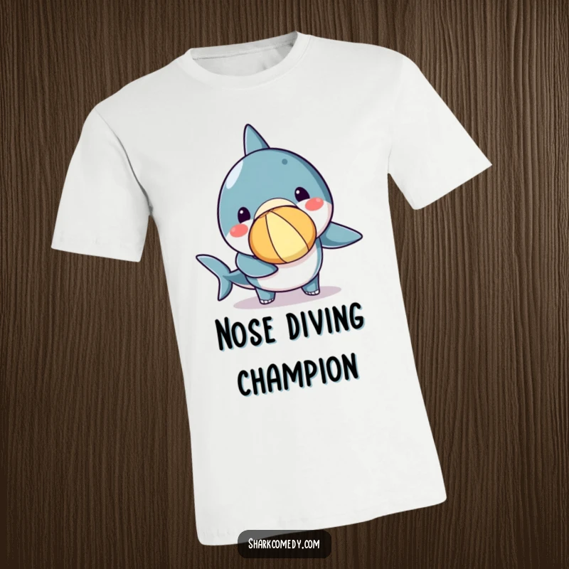 Funny kawaii shark t-shirt featuring a cute shark balancing a colorful beach ball on its nose with intense, adorable focus.