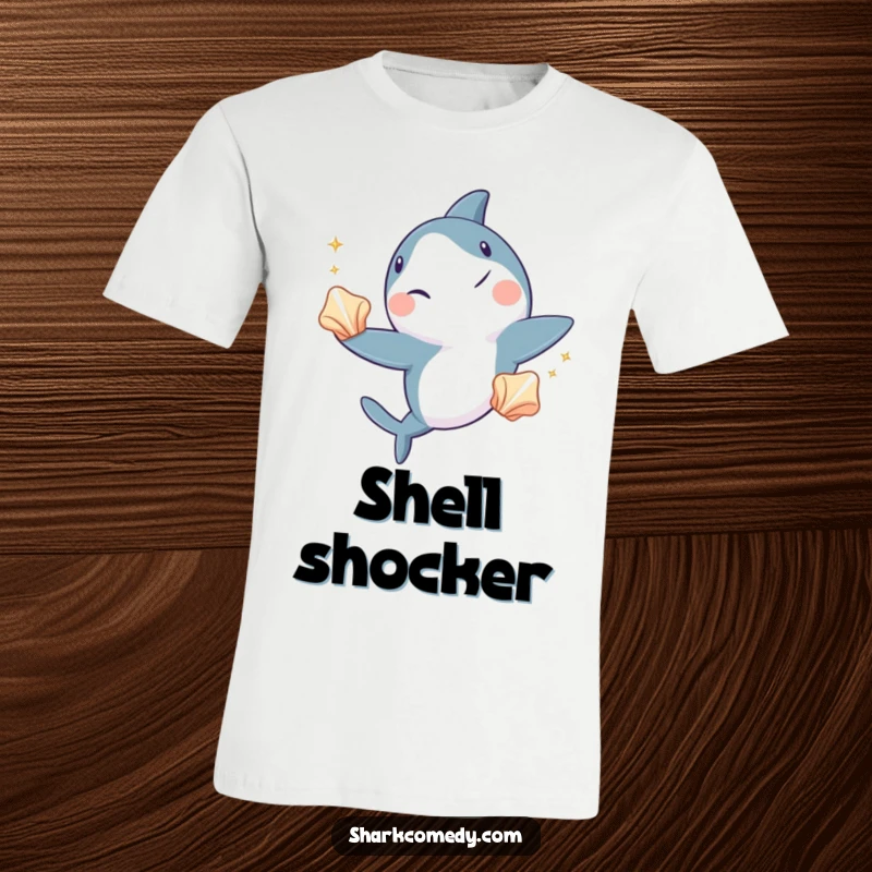 Funny shark t-shirt, a shark winking while expertly juggling three shiny seashells, depicting underwater entertainment and cool skill.