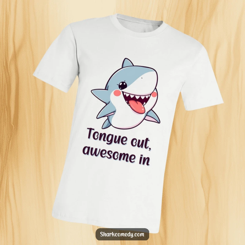Funny kawaii shark t-shirt featuring a cute shark playfully sticking its tongue out, radiating a cheeky and fun vibe.