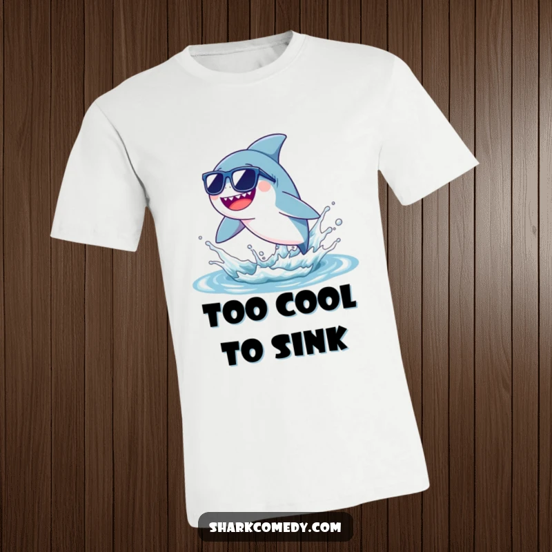 Funny tiny shark wearing sunglasses, leaping with joy from a water splash, printed on a t-shirt for a cool, humorous look.