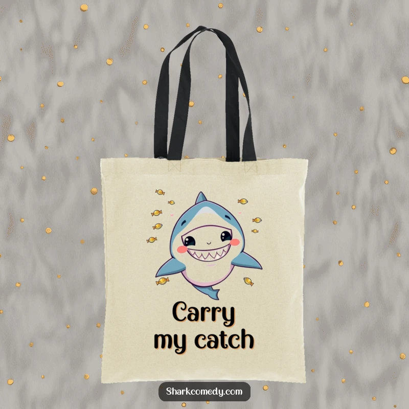 Funny tote bag with a kawaii shark with a wide grin, juggling tiny fish, perfect for carrying essentials with humor.