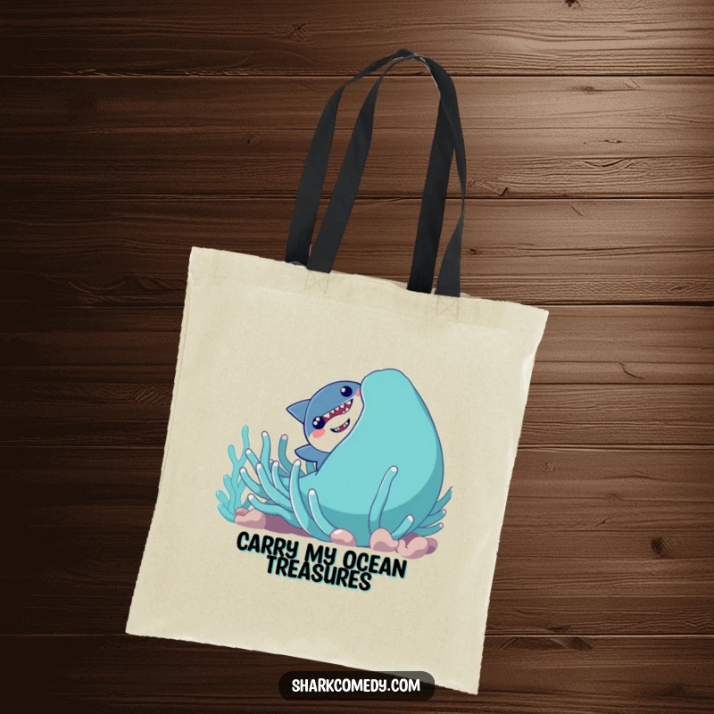 Funny shy shark character peeking from behind a giant, smiling sea anemone on a durable and stylish tote bag.