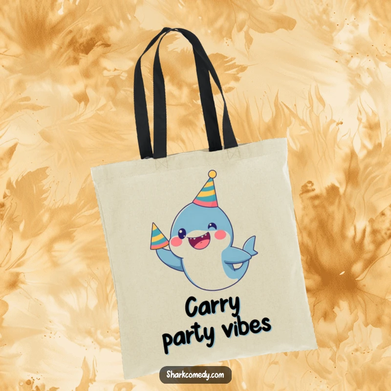 Funny Tote Bag: A kawaii shark wearing a party hat looks excited, a humorous accessory for party-goers.