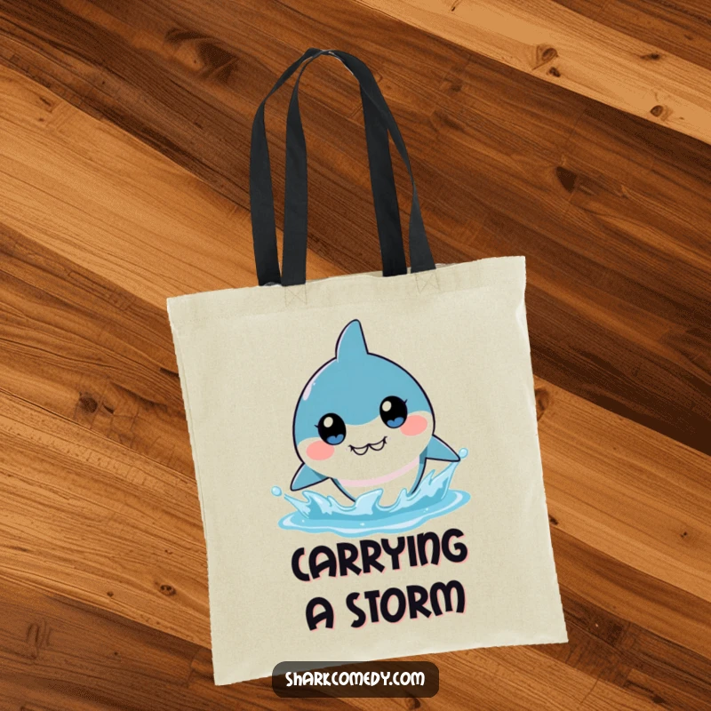 Funny kawaii shark tote bag adorned with big, expressive eyes, ready to splash water, perfect for shopping and humorous gifting.