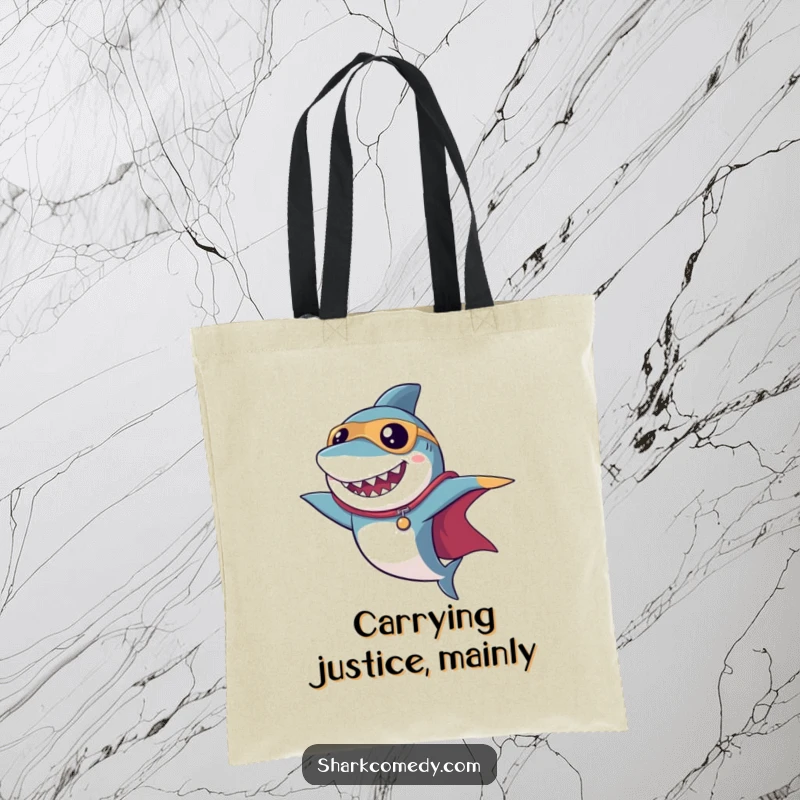 Funny superhero shark tote bag showcasing a dramatic pose with a cape, ideal for carrying goods with heroic flair.