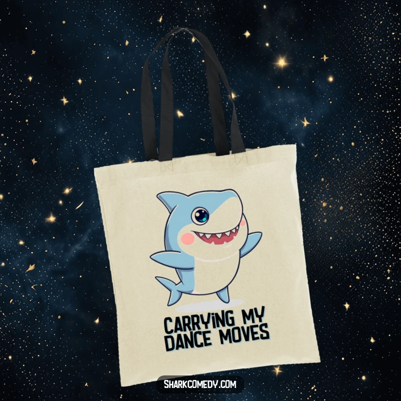 Funny tote bag designed with a comical shark wearing googly eyes, captured in a joyful, silly dance pose for a playful look.