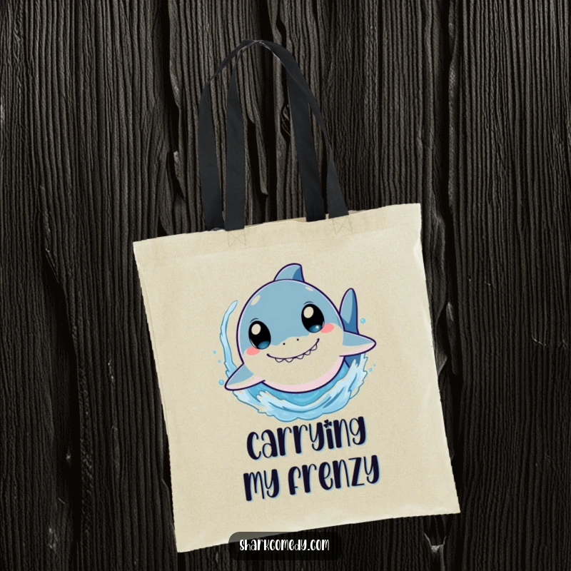 Funny shark tote bag showing a cute character with wide eyes, swimming rapidly and splashing water, ideal for carrying items with ocean-themed humor.