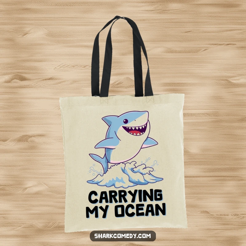 Funny tiny shark tote bag with a small shark leaping from a wave, showing off a big, cheerful grin, perfect for carrying beach day essentials.