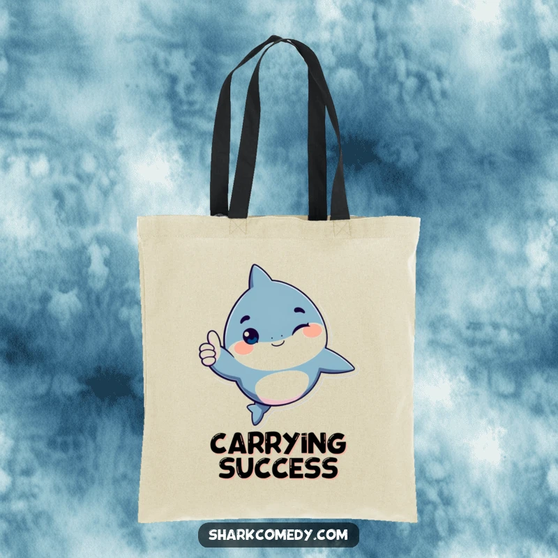 Funny shark character tote bag, giving a playful wink and a thumbs up, a humorous and functional accessory for carrying daily items.