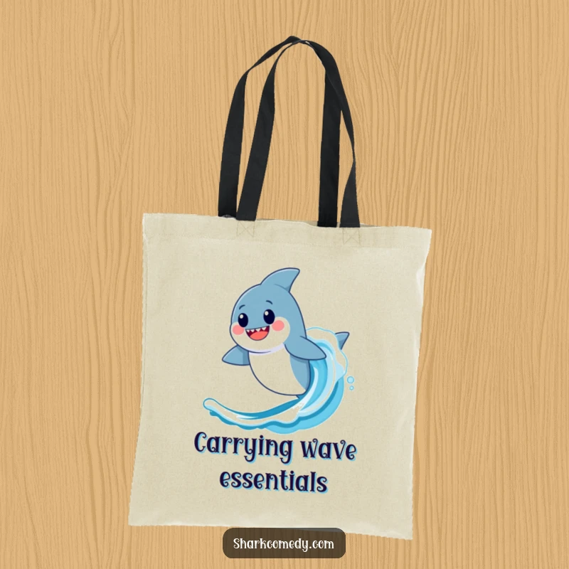 Funny Kawaii Shark Tote Bag: A happy shark surfs a wave, ready to carry your beach gear.
