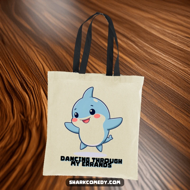 Funny Kawaii shark tote bag, a cute shark doing a silly dance with fins waving, perfect for carrying daily essentials energetically.