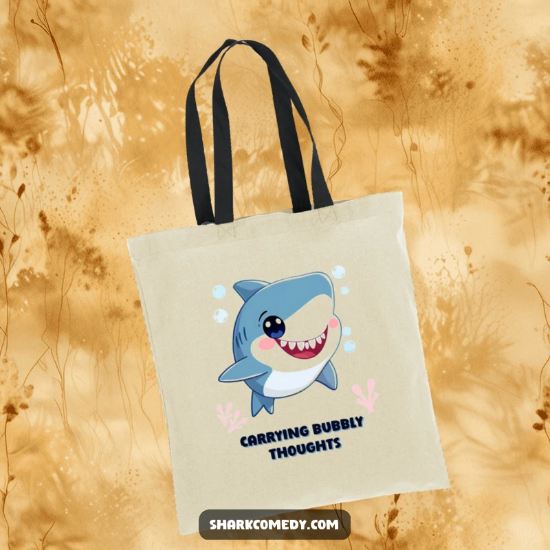 Funny smiling shark character, blowing bubbles underwater with wide, happy eyes, showcased on a durable and charming tote bag.