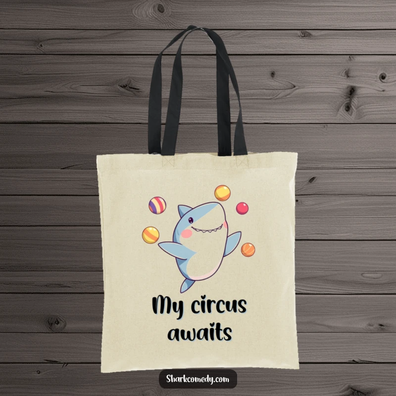 Funny tote bag illustration of a shark delightedly juggling colorful balls with its fins, perfect for carrying essentials.