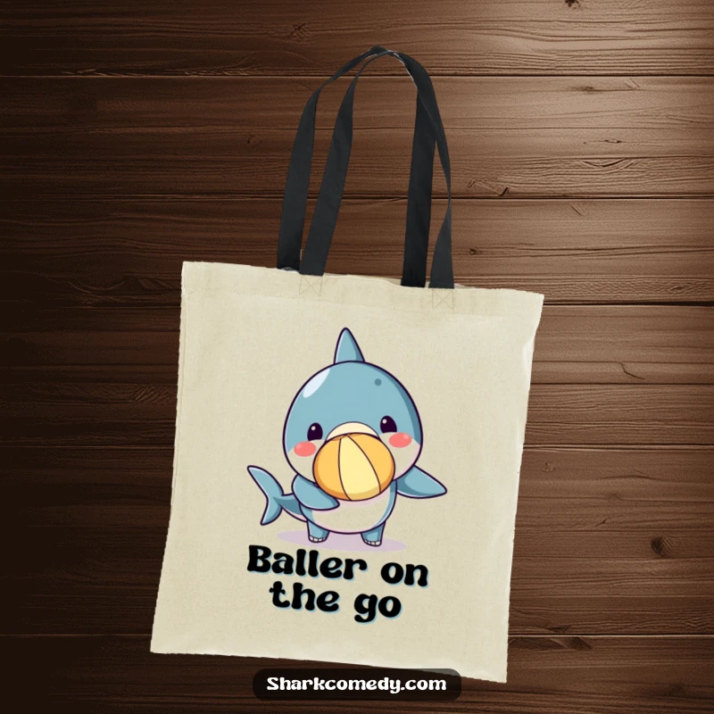 Funny kawaii shark tote bag with a cute, determined shark balancing a beach ball on its nose, perfect for beach days.