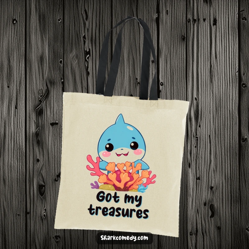 Funny Kawaii Shark Tote Bag: Cute tote featuring a curious kawaii shark peeking from a colorful coral reef.