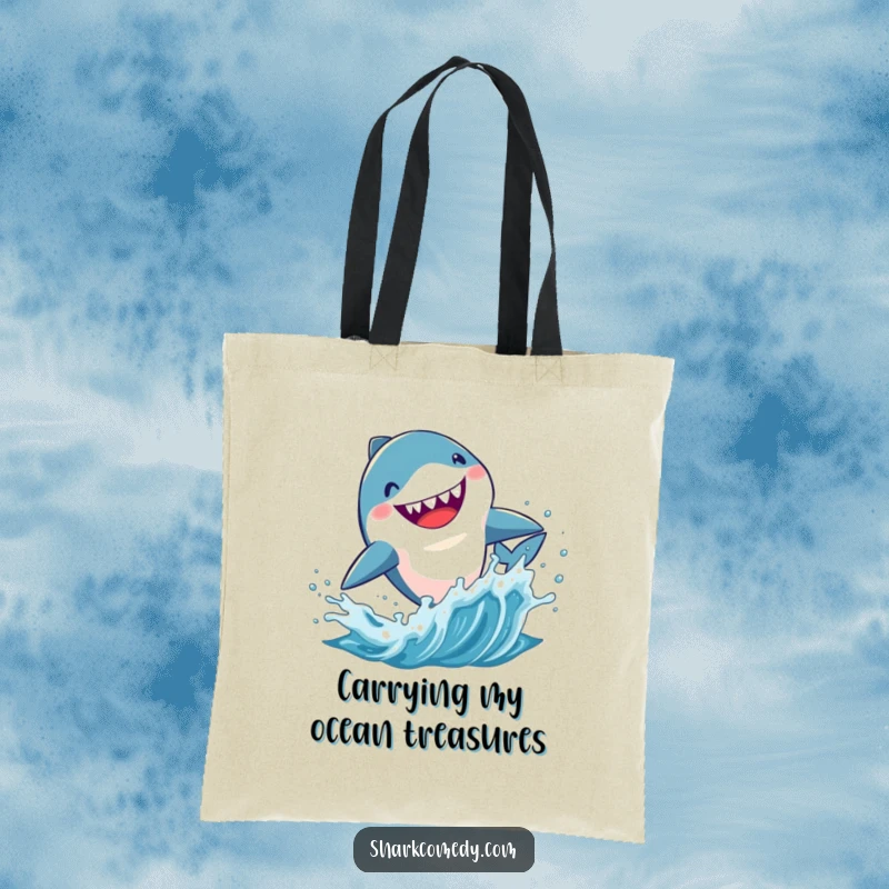 Funny Kawaii shark tote bag, a cute shark enthusiastically leaping out of dynamic, splashing water, ready for any task.