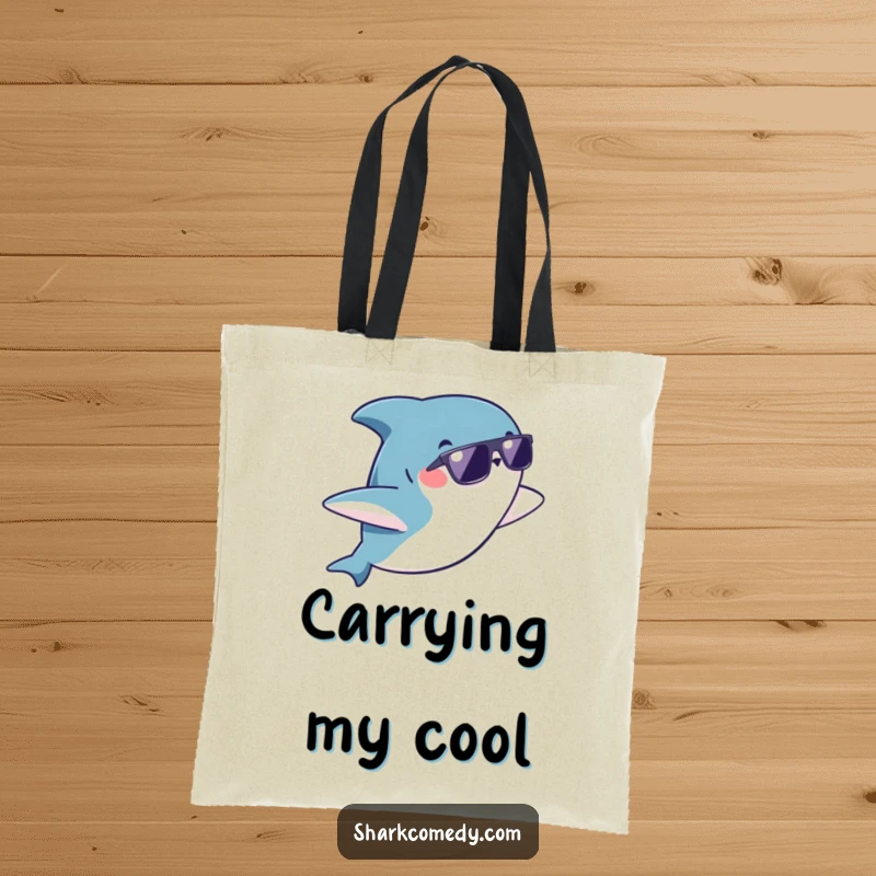 Funny kawaii shark wearing sunglasses doing a playful flip on a tote bag, ready for adventure and carrying your treasures.