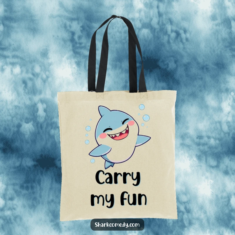Funny tote bag depicting a cute, kawaii shark winking slyly while playfully chasing shimmering bubbles, symbolizing playful mischief.