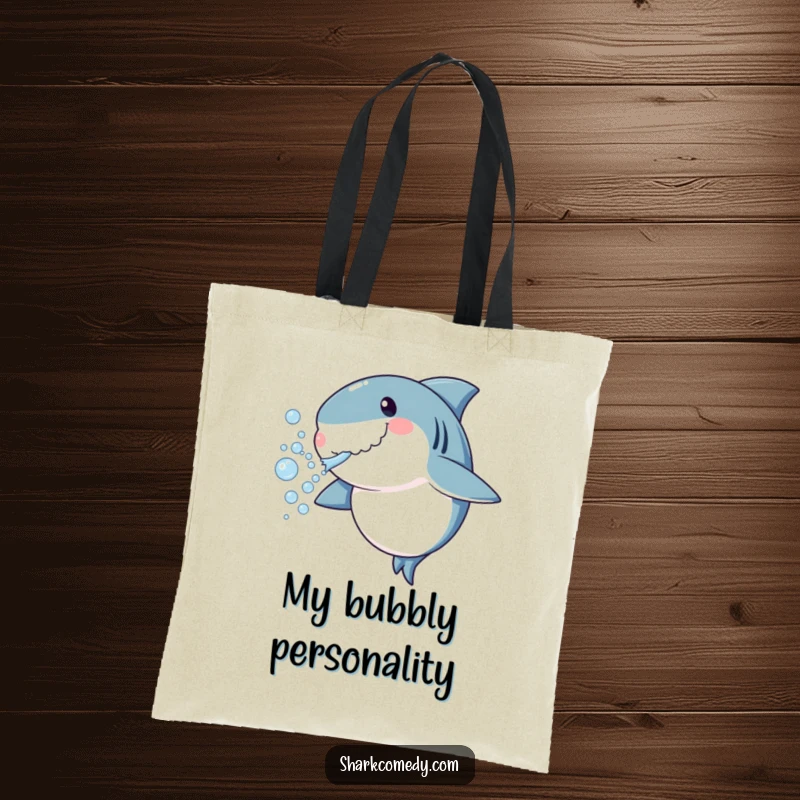 Funny shark tote bag blowing bubbles, playful ocean design, durable everyday carry and funny gift.