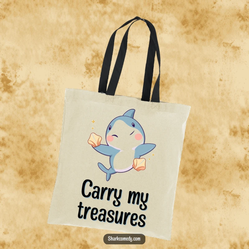 Funny shark tote bag, a practical bag showing a shark winking while juggling three shiny seashells, adding a touch of aquatic fun.