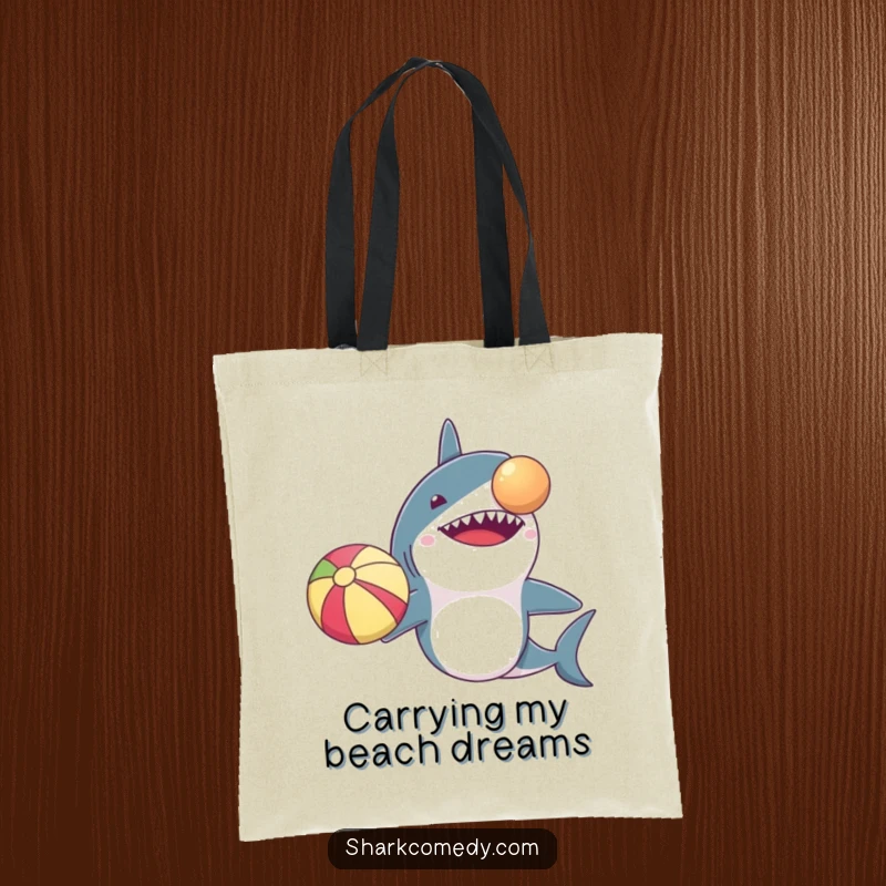 Funny tote bag illustration of a determined shark sporting tiny arms, attempting to balance a beach ball on its nose. Amusing and practical.