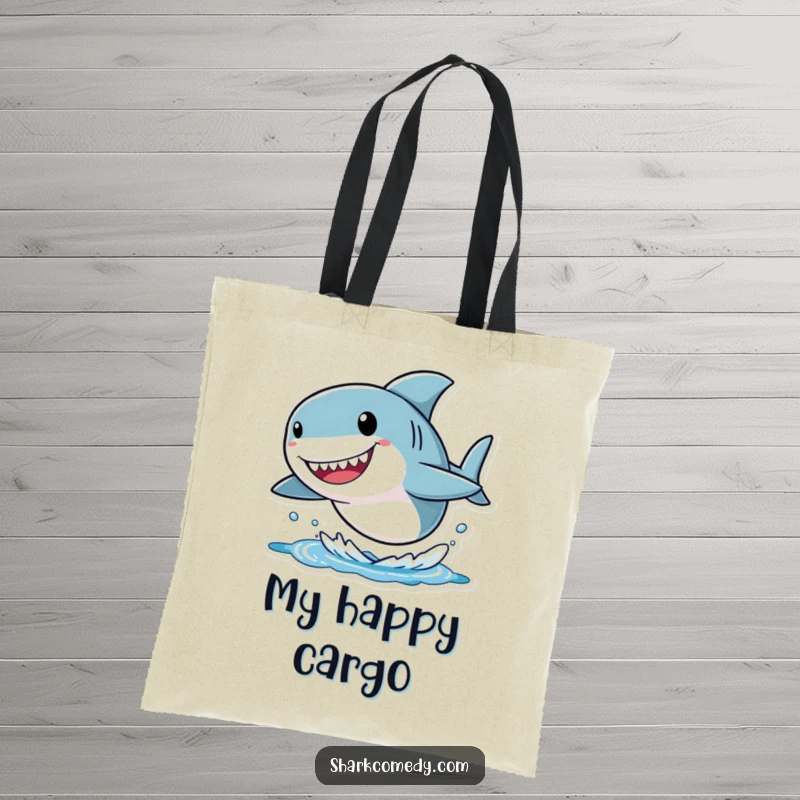 Funny shark tote bag showing a small character with an oversized head, joyfully leaping out of the water, ideal for carrying items with humorous flair.