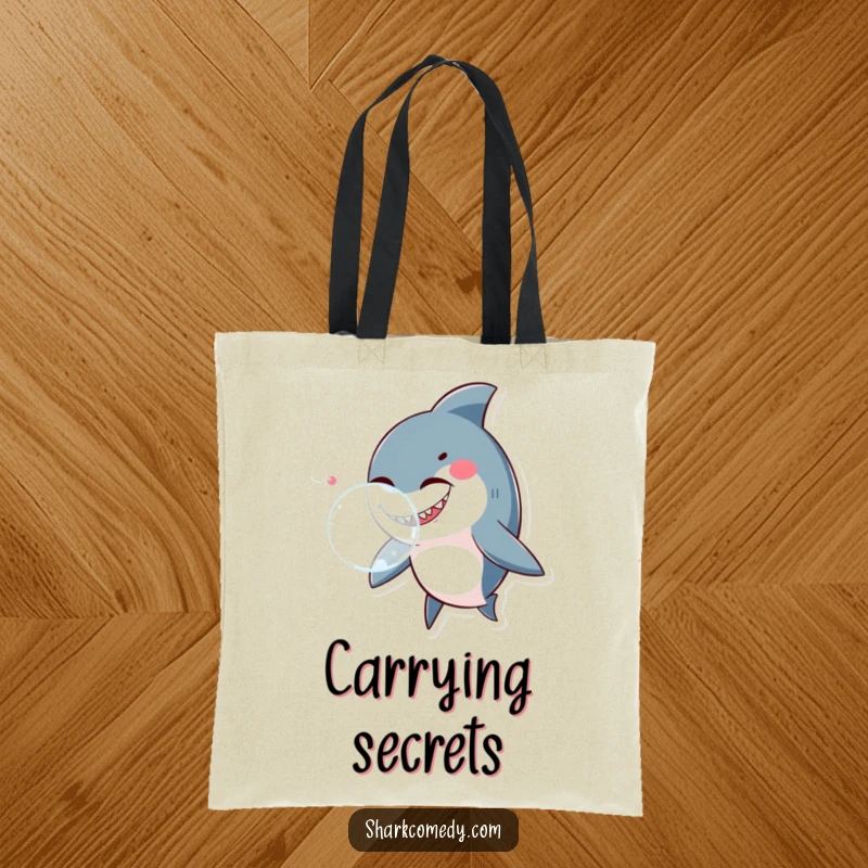 Funny shark winking and blowing a large bubble, illustrated on a durable tote bag, perfect for everyday use.