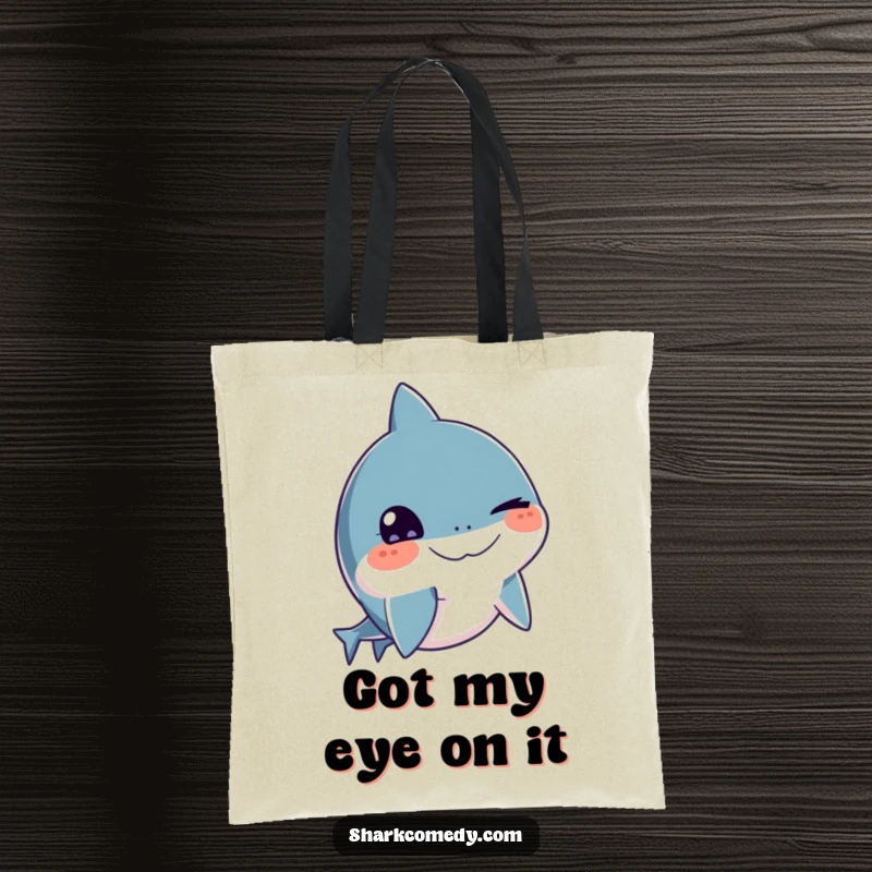 Funny shark tote bag with a playful wink, stylish marine design, functional accessory, ideal funny gift.