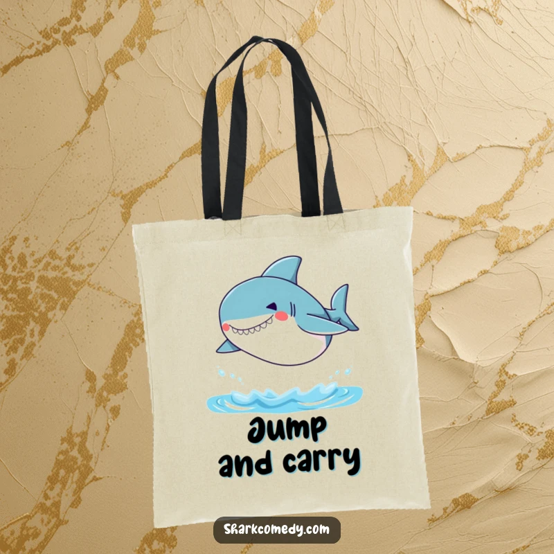 Funny Small Shark Tote Bag depicting a small shark with a silly grin, leaping out of the water, ideal for fun and functional carrying.