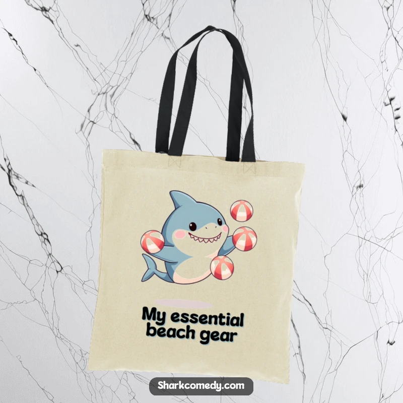 Funny tote bag featuring a cute shark excitedly juggling three beach balls, celebrating sea-themed fun and vibrant energy.