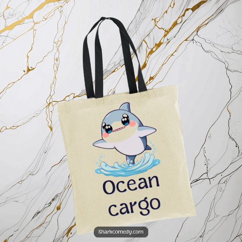 Cute kawaii shark tote bag showcasing a shark with wide eyes, joyfully leaping from the water, ready to carry your treasures.