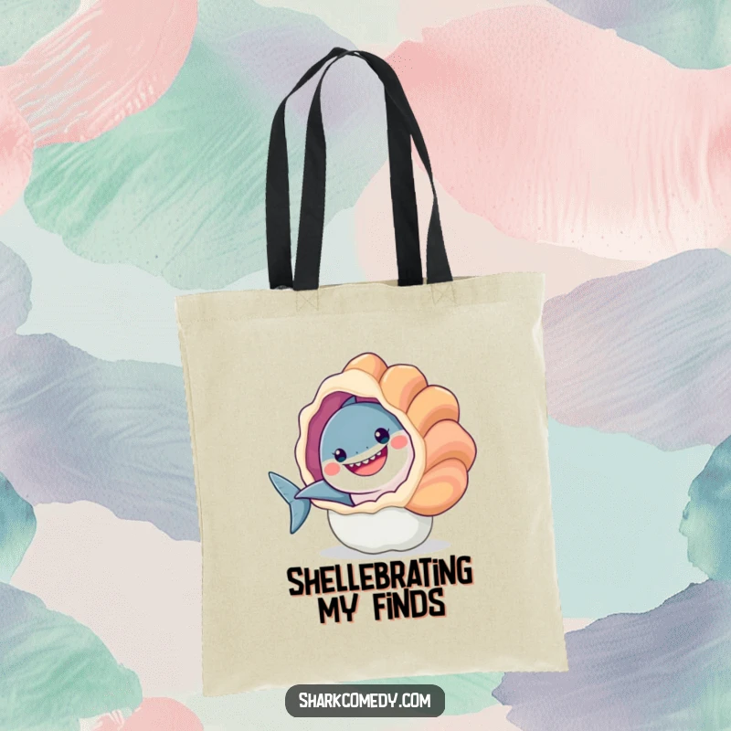 Funny tote bag illustration of a smiling shark peeking out from behind a giant, colorful seashell. Adorable and practical.
